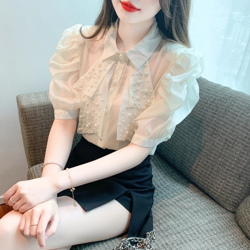 Summer Women\'s Polo Neck Beading Loose Gauze Shirt Office Lady Single-Breasted Puff Short Sleeve Black White Blouses Tops