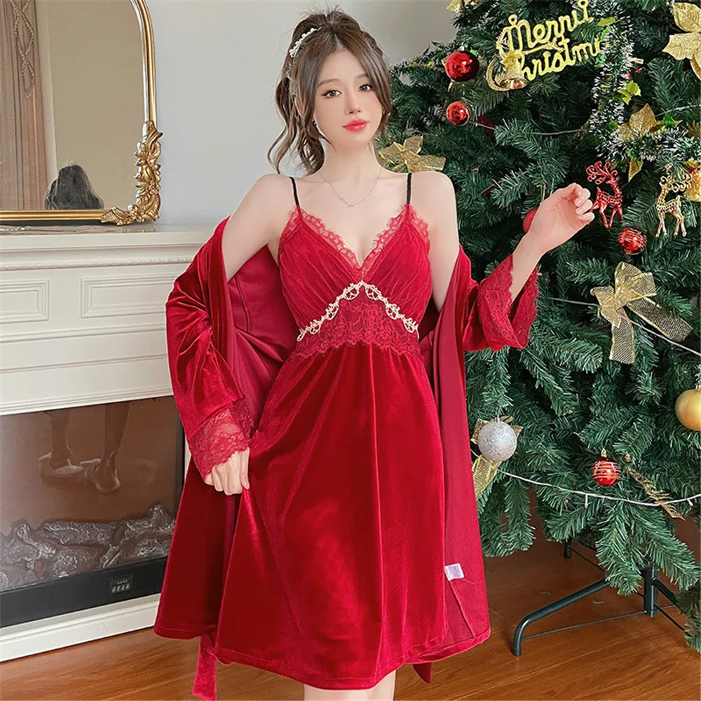 

Sexy Velour Robe Sets Women Lace Applique Suspenders Nighty Nightgown Autumn Winter New Kimono Gown Sleepwear