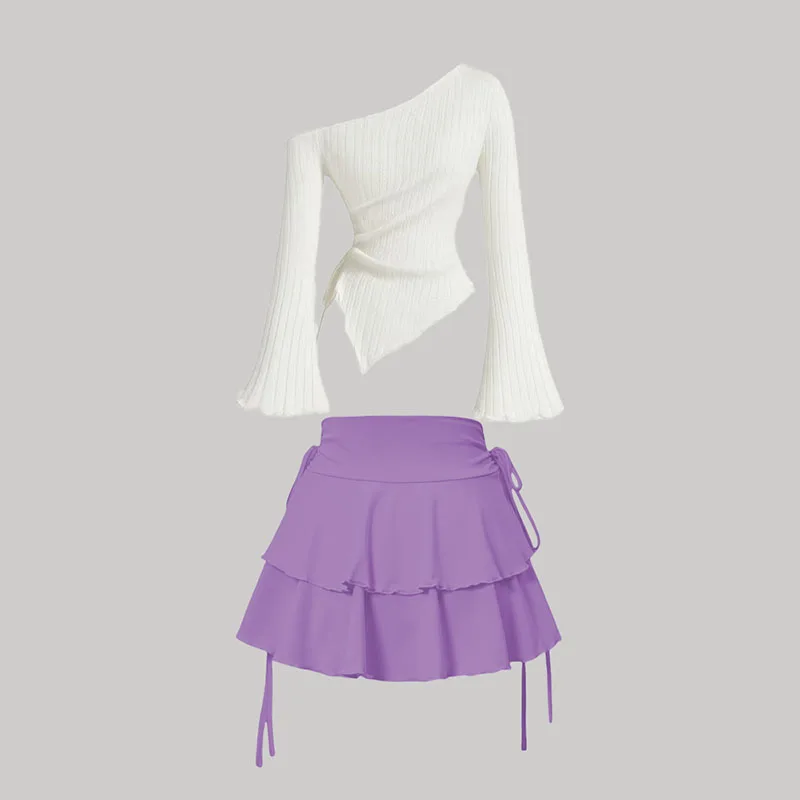 Women's Fashion Fresh Elegant Two-Piece Set New Long Sleeved Flared Sleeve Slim Fit T-shirt Top+Ruffle Edge Mini Skirt Set Y2K