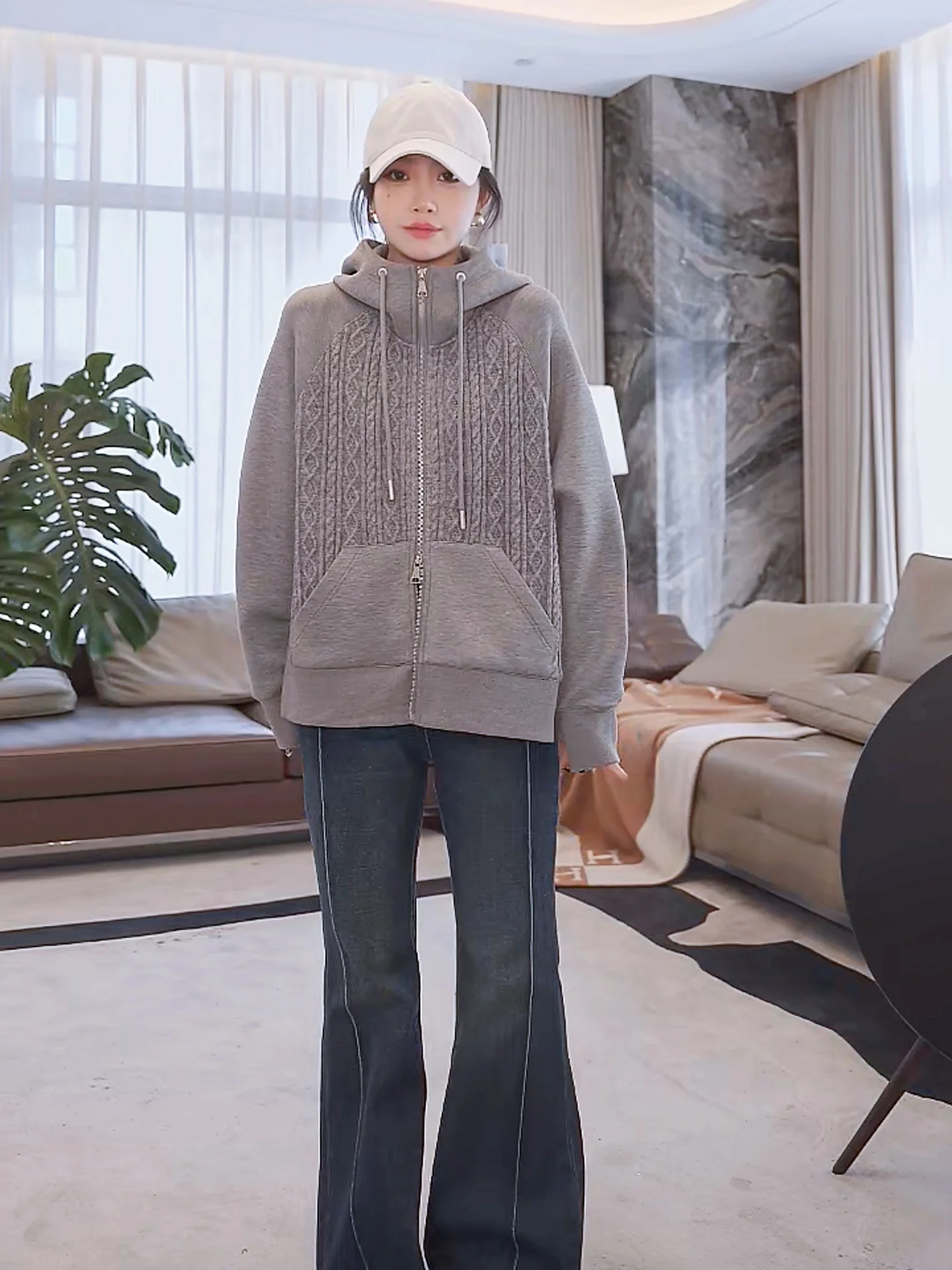 

ME Twisted Knit Splice Slimming Loose Hoodie Women's Long Sve Regular Length Commute Sle Polyester Blend Fiber Jaet