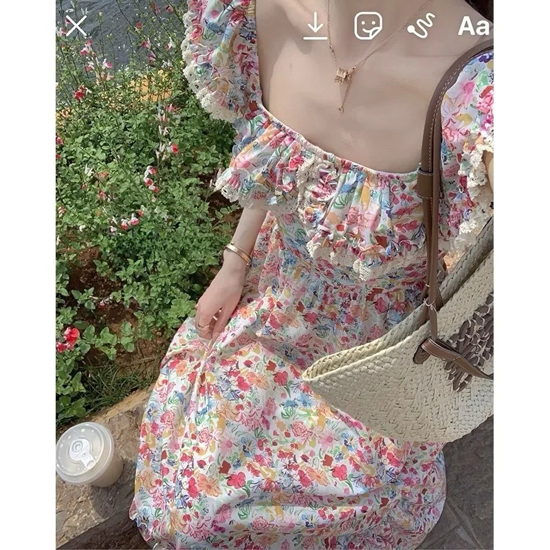 

Летнее повседневное пляжное платье Slim Fit с цветочным принтом и квадратным вырезом, длинное, женское, модное, цельное, из полиэфирного волокна