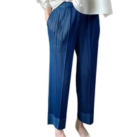 Miyake Pleated Straight Leg Pants, Women's Elastic Waist Cropped Pants, Casual and Versatile Small Leg Pants - Image 4