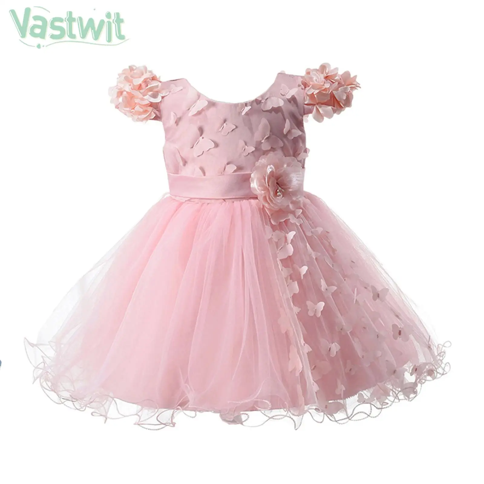 Kids Wedding Flower Girls Dress Short Sleeve Elegant Butterfly Tulle Princess Dresses Birthday Party Evening Banquet Prom Gown