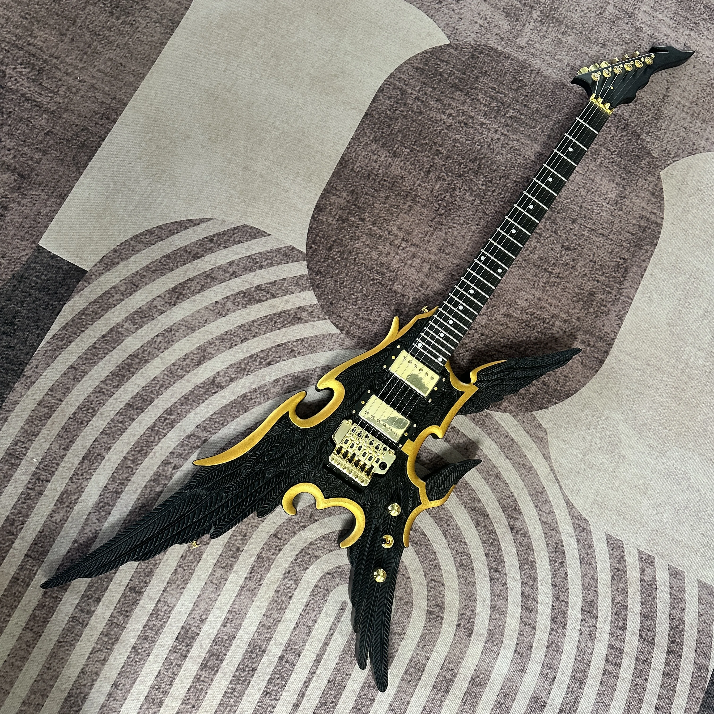 

Custom Angel Wing Electric Guitar Carve Body Matte Black Gold Hardware Tremolo Fast Ship