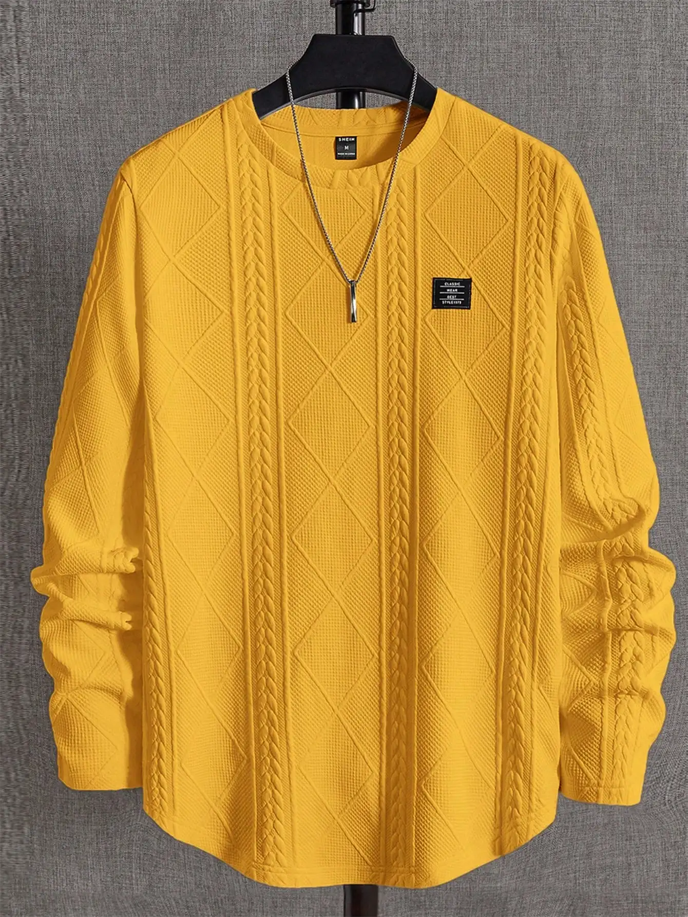 

Мужская свободная футболка с длинным рукавом и узором кабельной вязки, повседневный осенний стиль, желтая