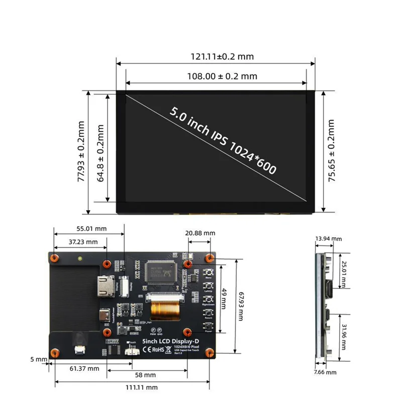 A97I-5Inch 1024X600 Inner -Compatible IPS LCD Module Monitor Display Screen With Capacitive Touch Panel For Raspberry Pi