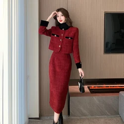 Francese Vintage Tweed due pezzi Set donna giacca corta cappotto + gonna sirena abiti autunno inverno elegante OL 2 pezzi abiti