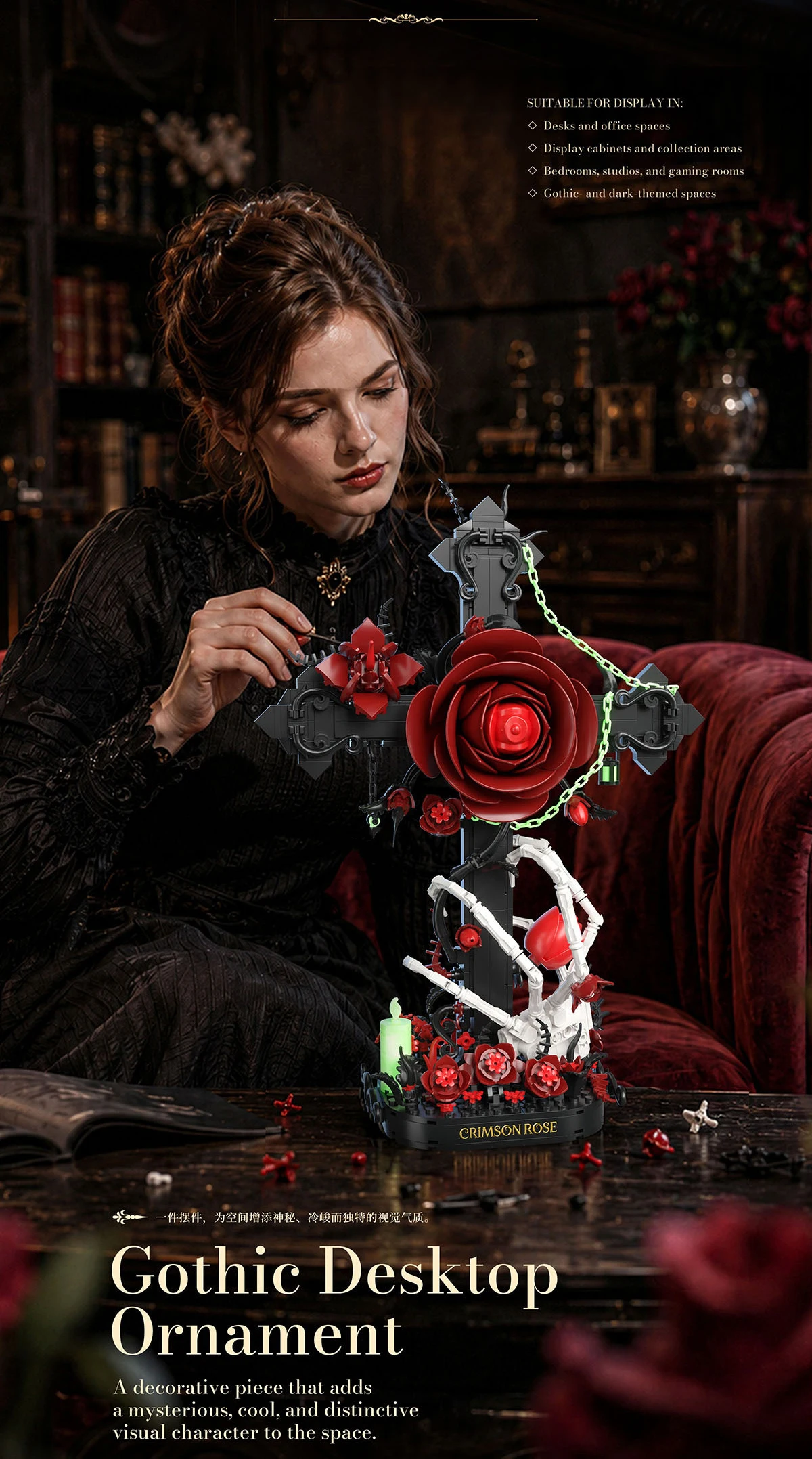 Idea Leuchtender Baustein Kreuz-Totenkopf Rote Rose Spielzeug Blume Skeletthand Konstruktions-Baustein-Modell Sammlerstück Schreibtischdekoration – Detail 6