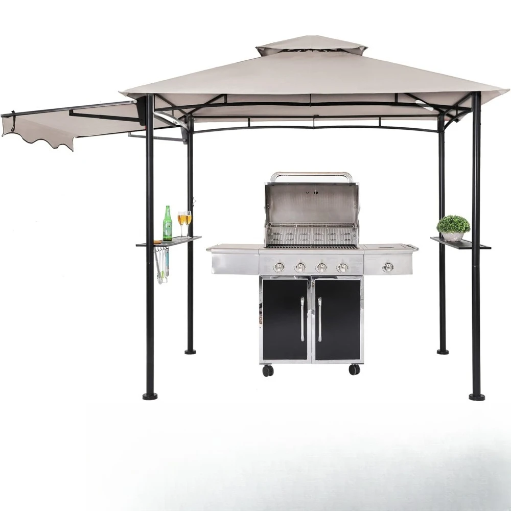 

5x8 Gazebo, Outdoor Bbq Grill Patio Canopy With Extra Shadow & Led Lights, Barbeque Gazebo Canopy (grey)