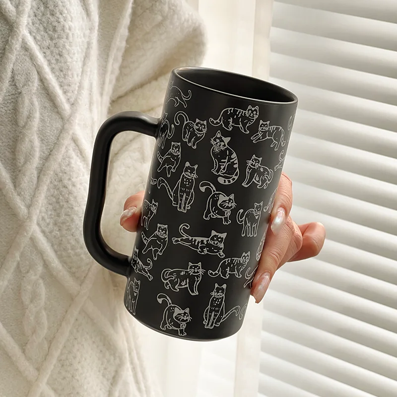 420ml Large Capacity Tall Ceramic Coffee Mug Cute Cat Pattern Black White Porcelain Mugs 14.78oz Tea Milk Water Cup Gift