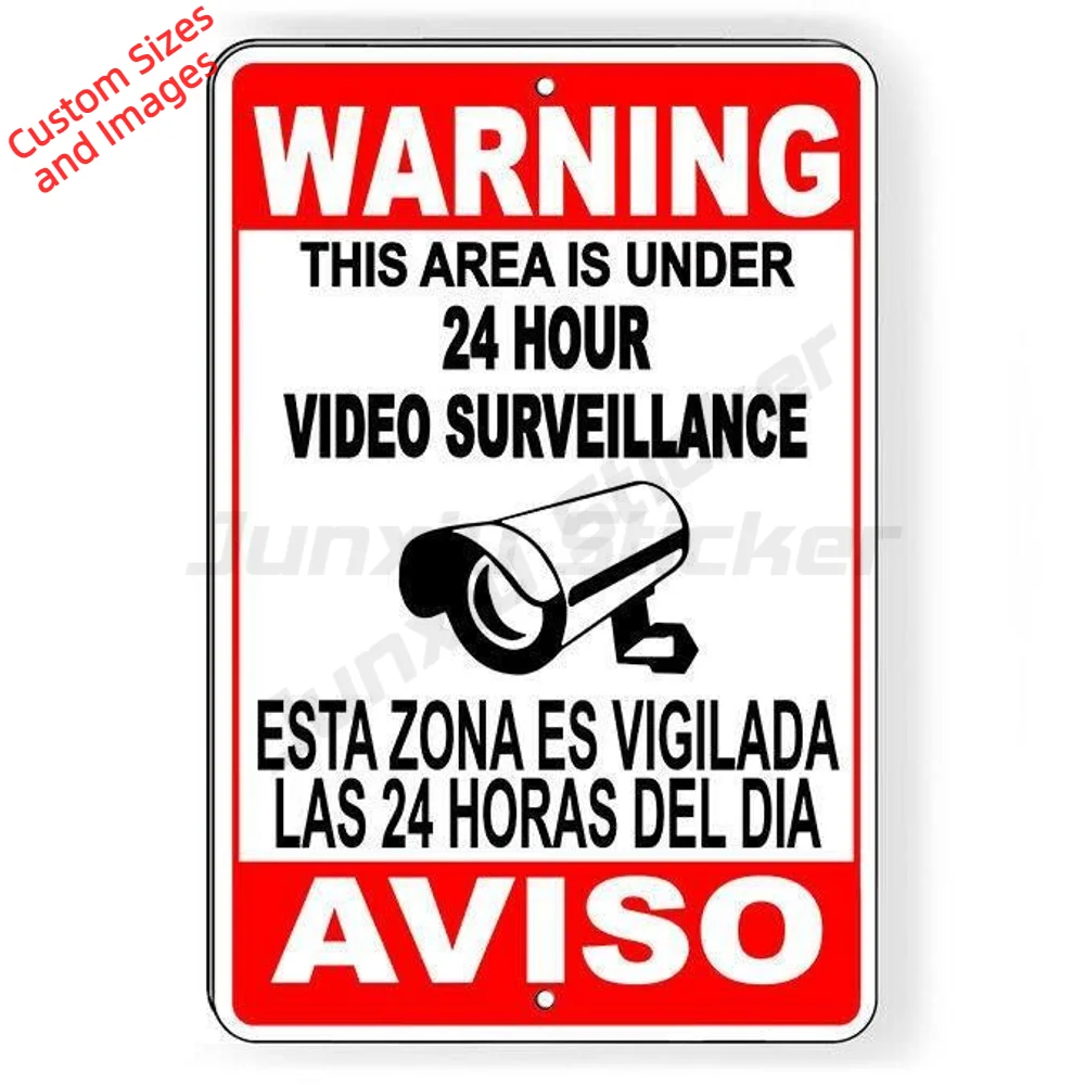 Spanish Aviso Warning 24 Hour Video Surveillance Camera Waterproof UV Resistant PVC Sticker For Door And Window Decal Label