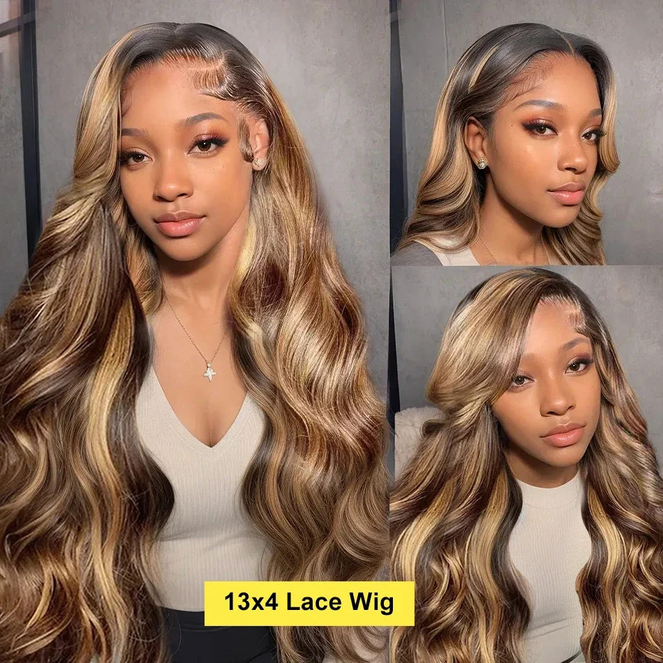 4/27 Highlight Body Wave 13x4 Human Hair Lace Frontal Wig 30 38 Inch Colored Ombre 13x6 HD Lace Front Wigs For Women