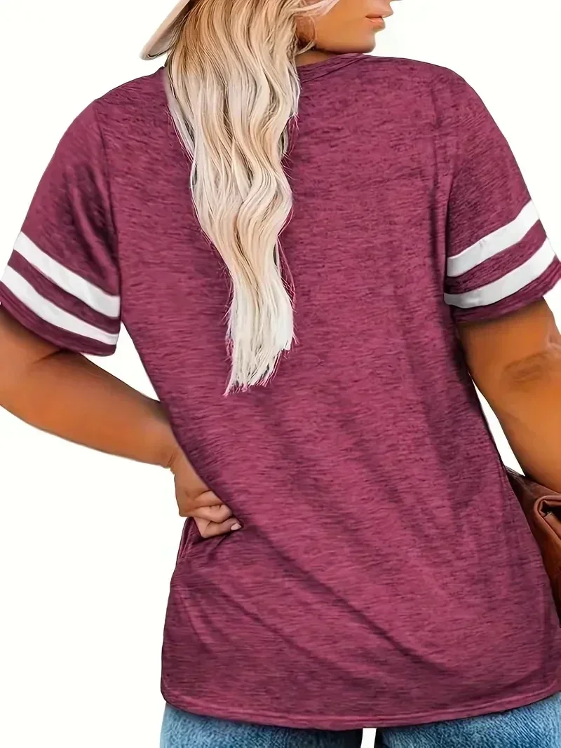Frauen Mode Plus Größe V-ausschnitt Sommer Farbe Blockiert T-shirt Sommer Lose Top Kurzarm Casual T-shirt 1XL-8XL – Detail 3