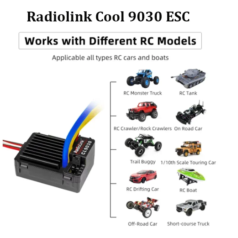 Radiolink Cool 9030 ESC 90A Brushed (2-4S) Waterproof Built-in BEC 5A Selectable 5.5V/7.5V for 1/10 RC Truck Crawlers Tanks Cars
