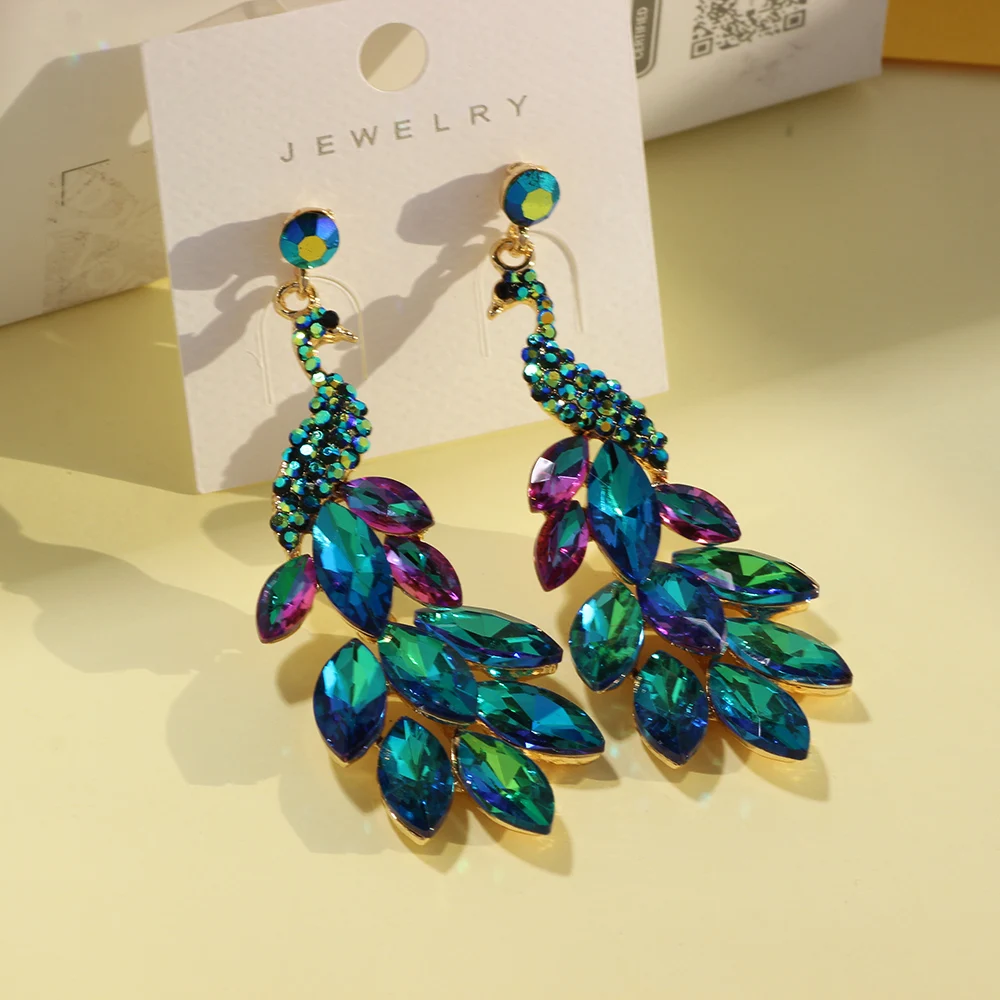 FARLENA Colorful Crystal Peacock Drop Earrings for Womne Wedding Party Prom Christmas Accessories Charm Trend Ear Nail Gift