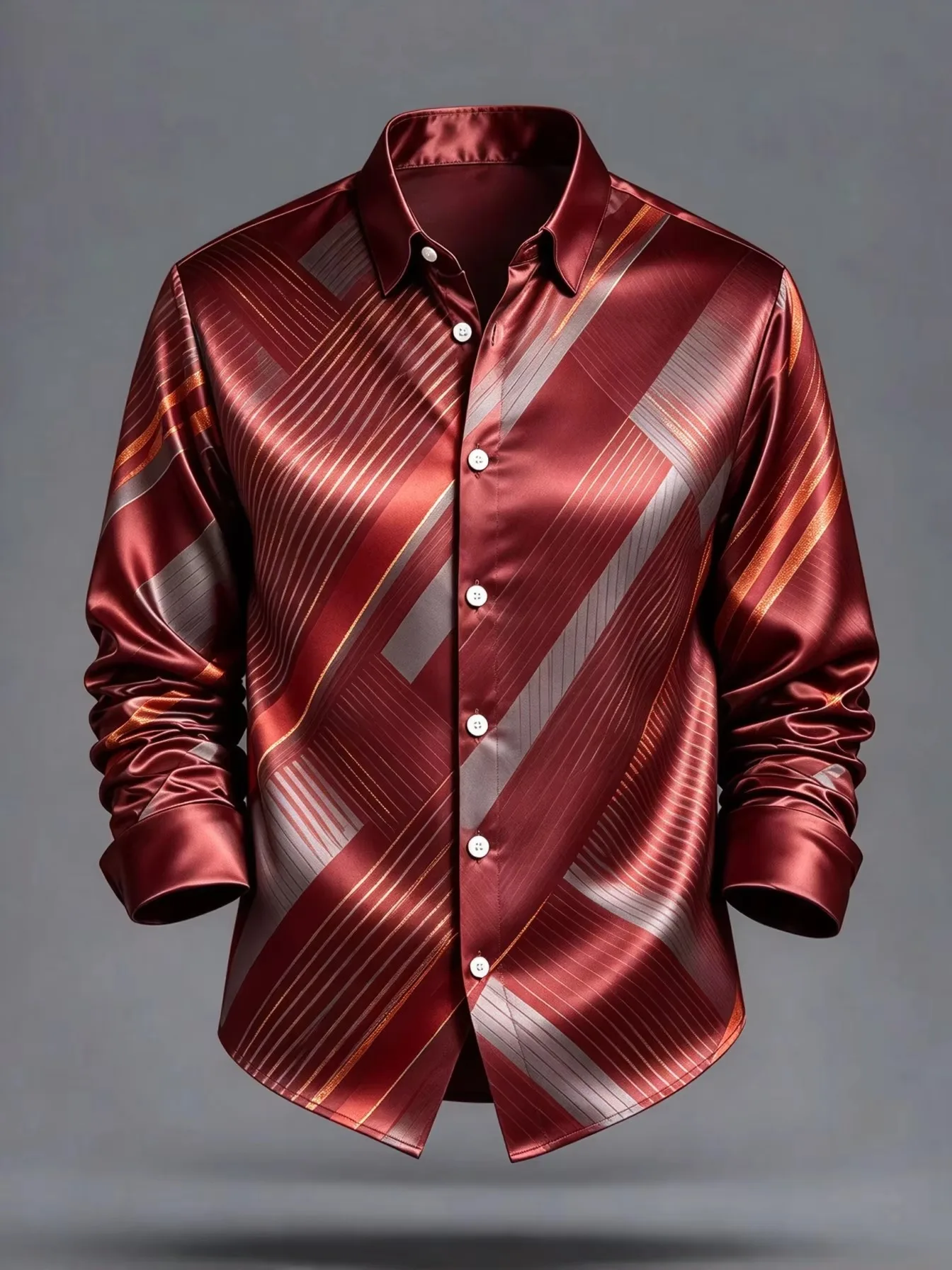 Men’s Autumn Long-Sleeve Shirt Blue Pink Diagonal-Stripe Print Collared Button-Down Loose Fit Luxurious Party/Formal Shirt