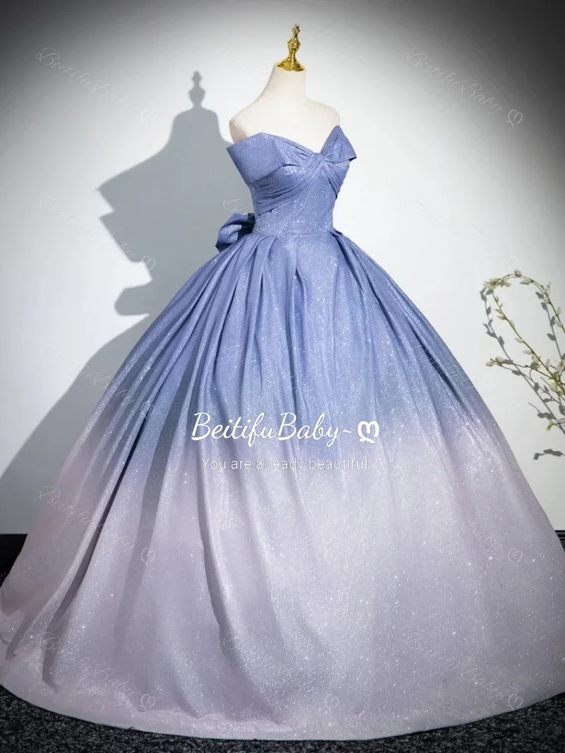 2025 ชุดราตรีสตรี Blue Gradient ปิดไหล่ LACE-up Bow เจ้าหญิงสไตล์ A-Line ชุดจัดเลี้ยง PARTY Dresses vestidos