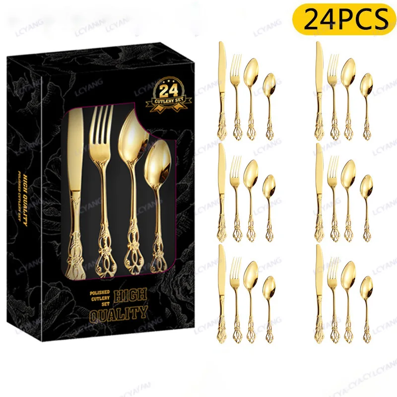 

24pcs Gold Dinnerware Set Stainless Steel Tableware Set Knife Fork Spoon Flatware Set Cutlery Set Knife Fork Spoon Tea Spoon