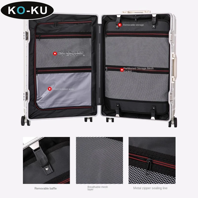 KO-KU 20/22/24/26/28 Inch Luggage 2024New Aluminium Frame Suitcase Trolley Case Cup Holder Usb Port Password Travel Boarding Box