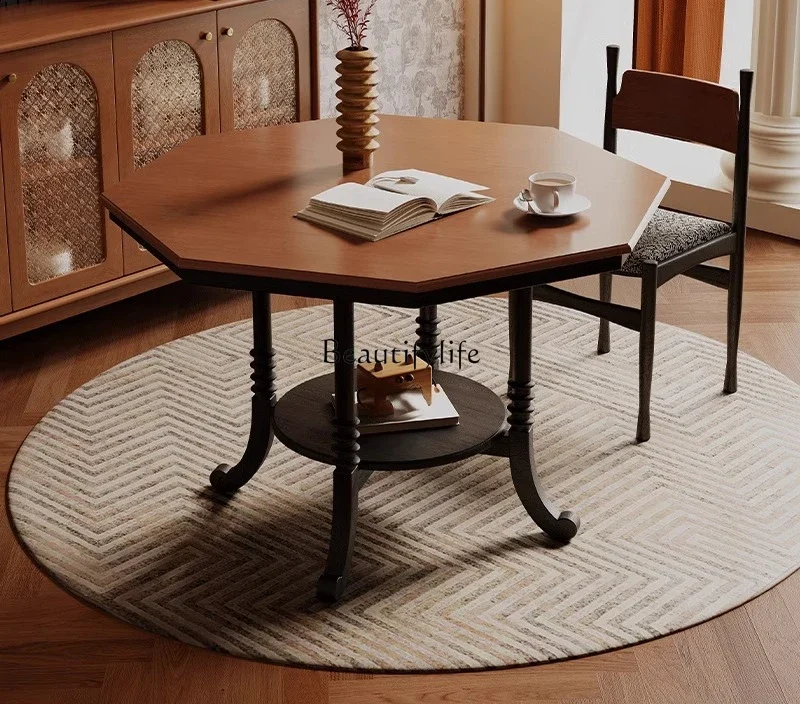 

ls51Nanyang retro style solid wood dining table black French round table home creativity