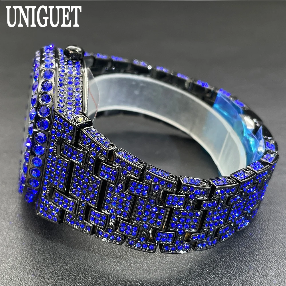 Hot Sell Fashion Diamond Watches Men Luxury Stainless Steel Blue Quartz Wristwatch Hip Hop Iced Out Jewelry Watch For Man Reloj