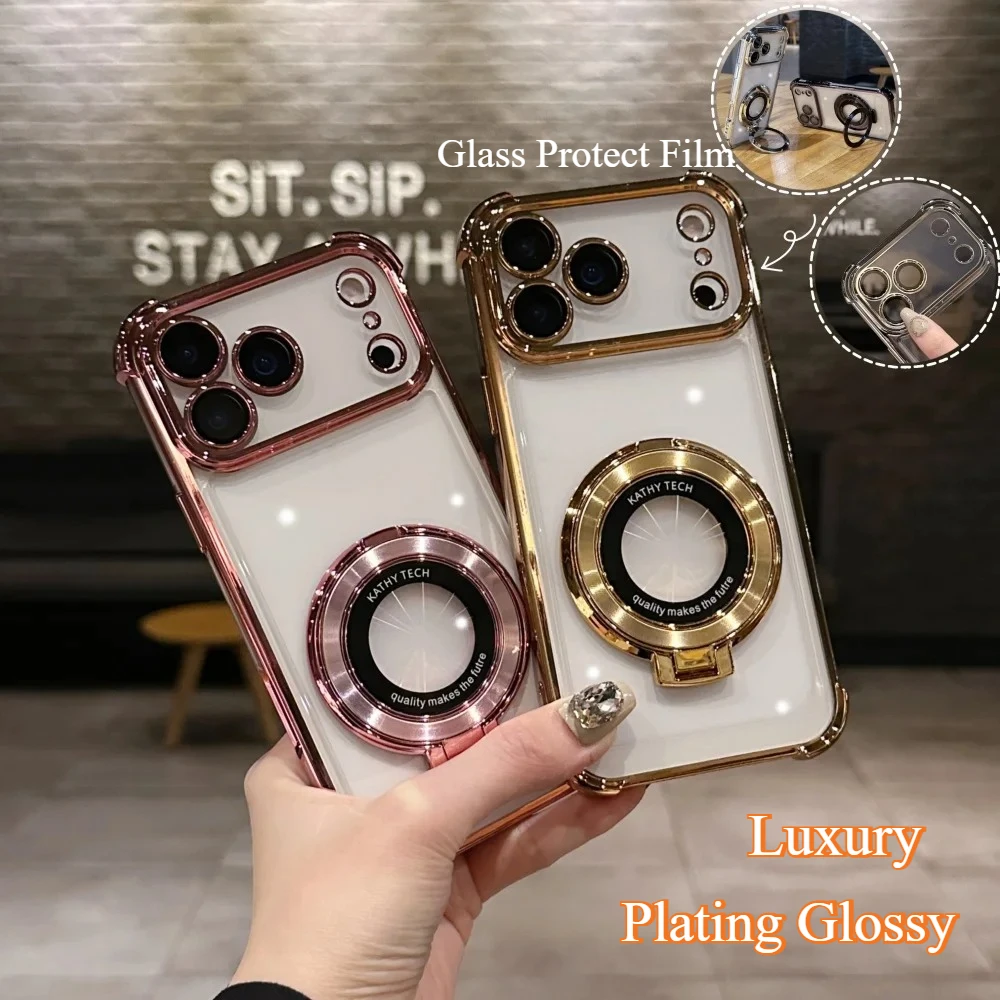 Funda con soporte magnético con marco chapado de lujo para IPhone 17 Air Pro Max 16E 15 14 Plus 13 12 11, película de lente de paquete completo, cubierta anticaída