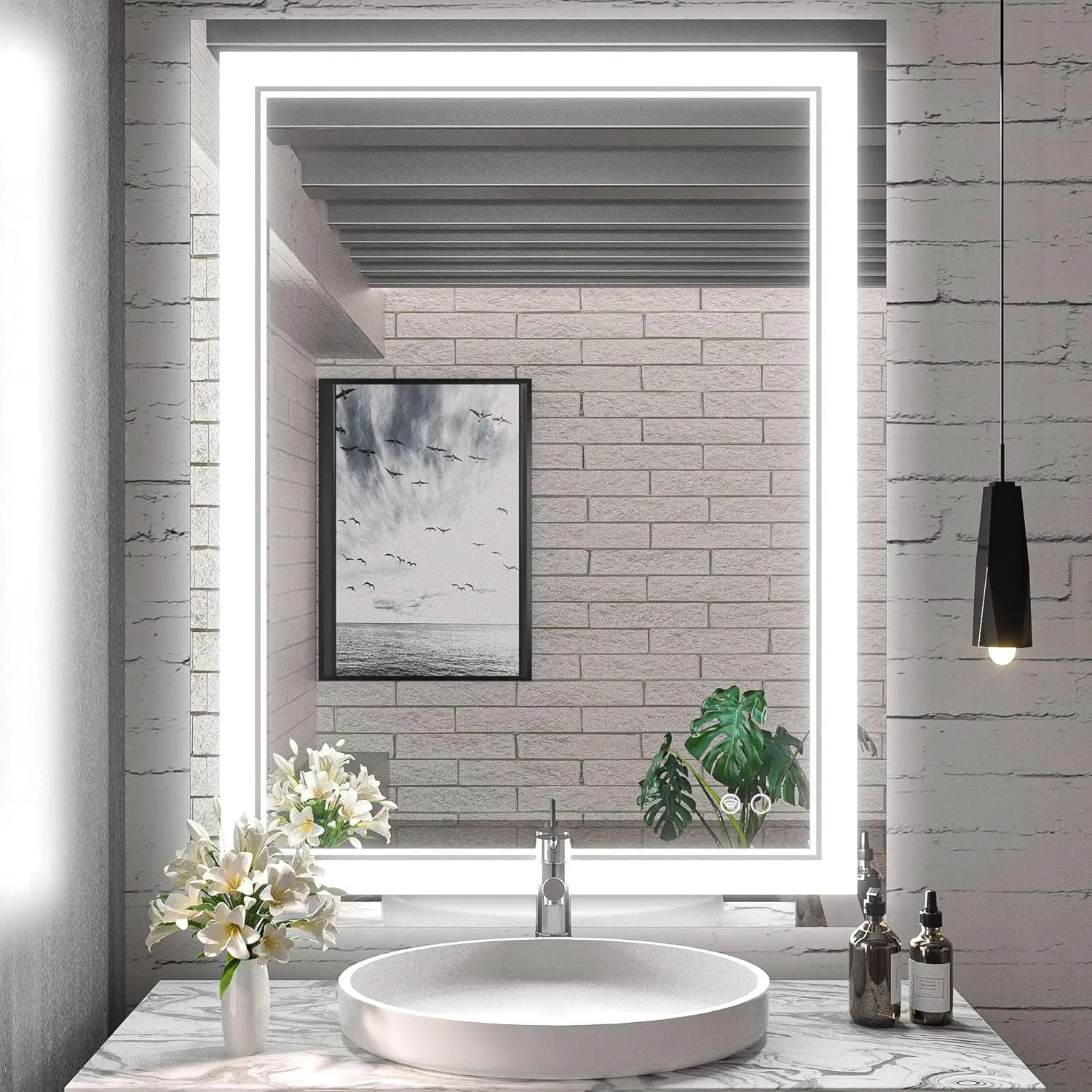 

LED Bathroom Mirror, 28 x 36 Inch Bathroom Mirror with Lights, Anti-Fog Wall Mounted Dimmable Memory Brightness Front Lights