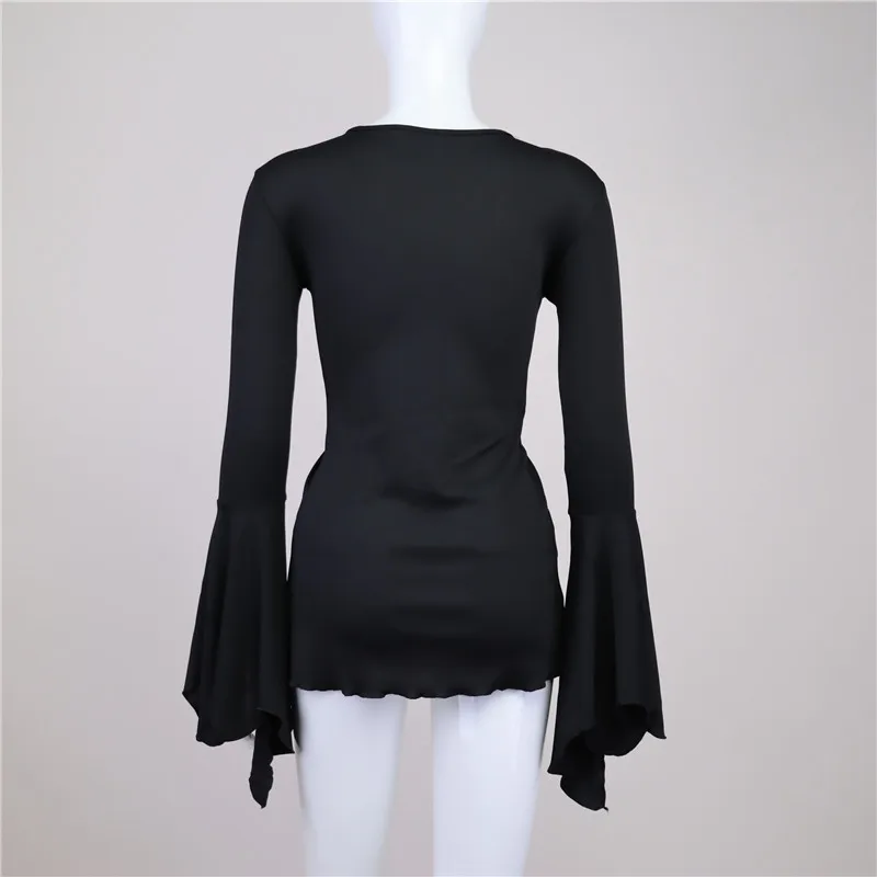 Goth Dark Fairy Grunge Flare Sleeve V-neck T-shirts Gothic Split Sexy Lettuce Hem Female Blouses Y2k Black Slim Fashion Alt Tops