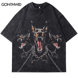 Hip Hop T-Shirt Vintage Doberman Dog Graphic Print Punk Gothic Tshirt Streetwear 2024 Harajuku Men Loose Washed Tops Tee Black