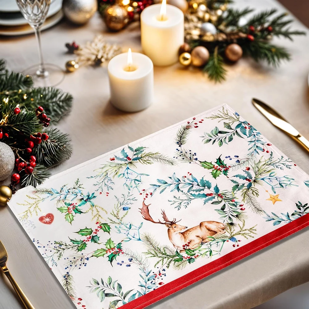Napperon imprimé de renne de noël avec garniture rouge: décor de Table festif, napperon en lin, décoration de fête du nouvel an à la maison, 4 pièces