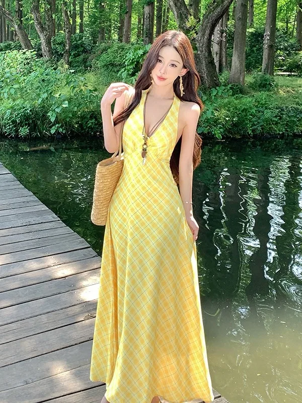 

Summer Yellow Plaid Bodycon Dress For Women Deep V-neck Sleeveless Backless Bandage A-line Maxi Dress Casual Vacation Beach Gown