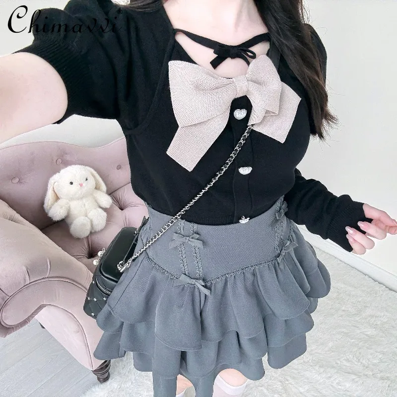 

Original Japanese Sweet Bow Round Neck Sleeve Set Knitted Top Cute Bow High Waist Skirt Two-Piece Set Autumn New Lolita Sets