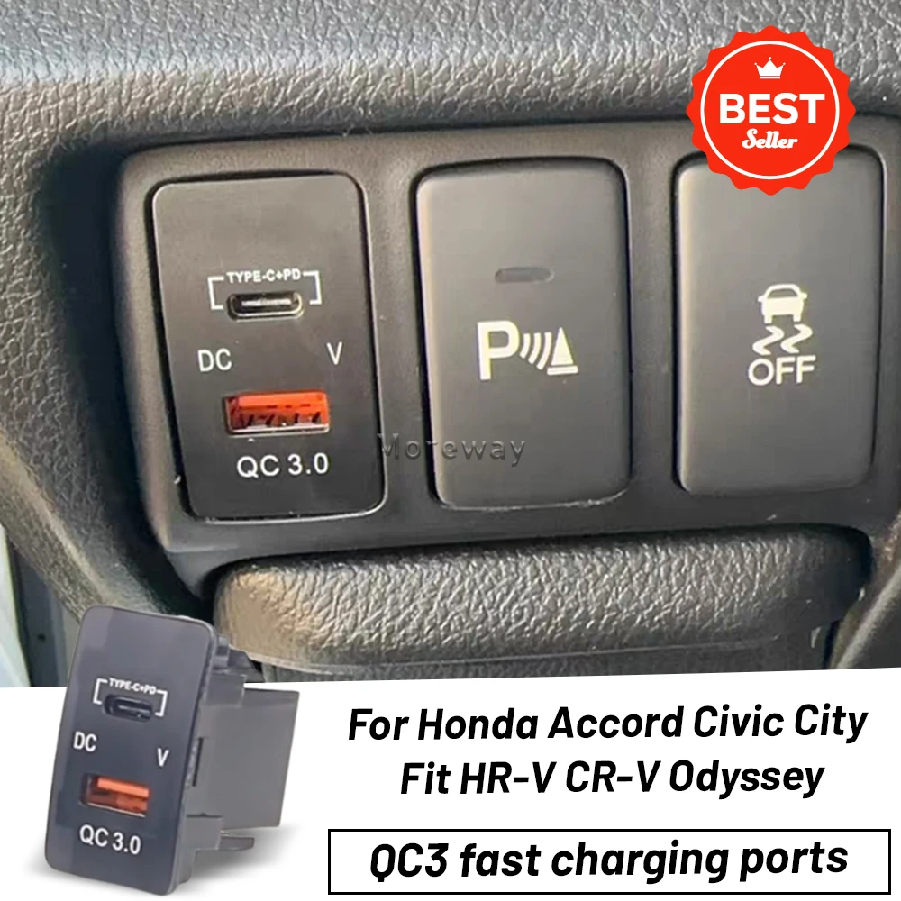 QC 3.0 Voltage Display Type-C PD Usb Fast Charging  Adapter for Honda Fit Odyssey 2014 XR-V CR-V  Accord Elysion Interior Tuning