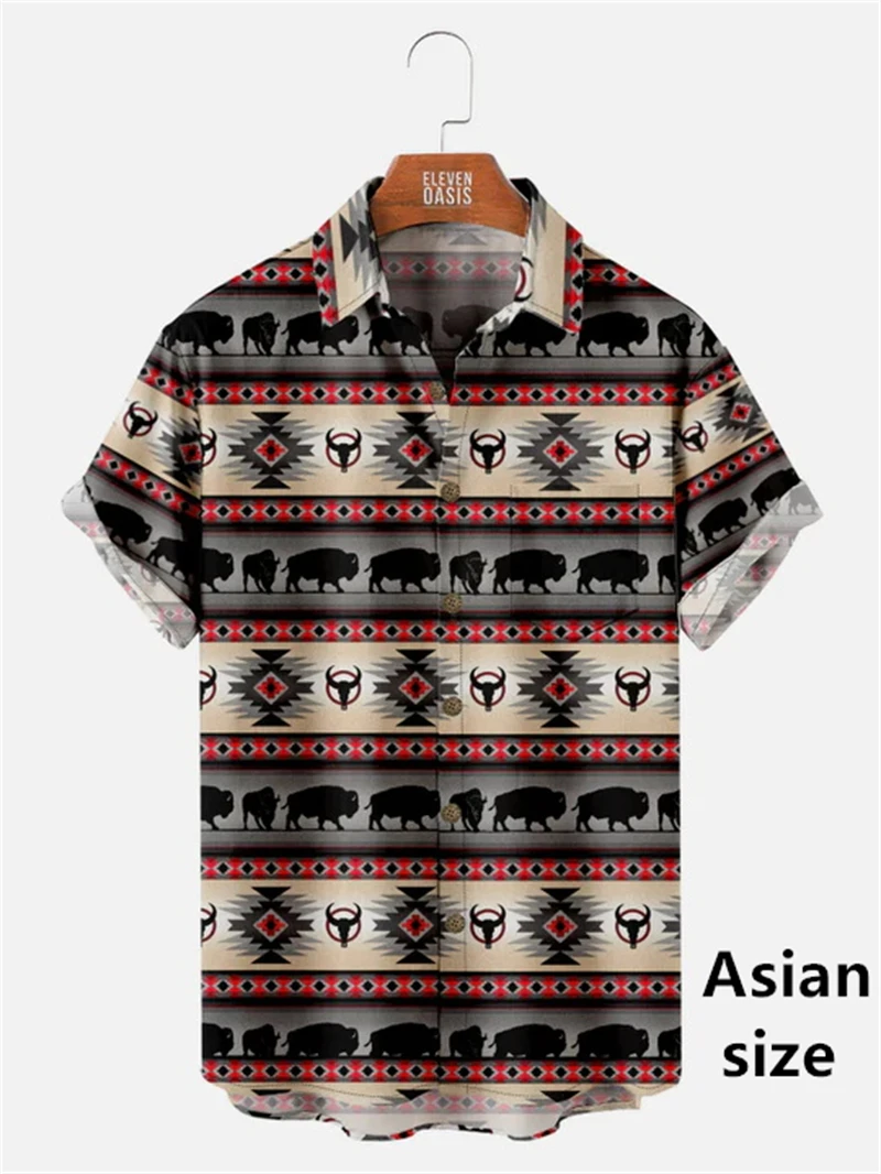 Vintage Men Shirts 3D Ethnic Pattern Printed Short Sleeve Top Fashion Casual Retro Button Lapel Hawaiian Shirt Summer Streetwear