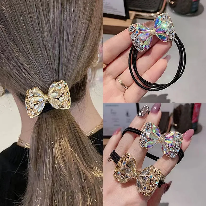 High-grade Korean Crystal Metal Bows High Elastic Hair Bands New Rope Tie Flash Diamond rubber Accessories for Women