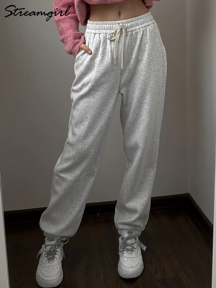 Grosso quente sweatpants feminino inverno perna reta calças de lã cintura elástica cinza veludo calças quentes com lã para mulher