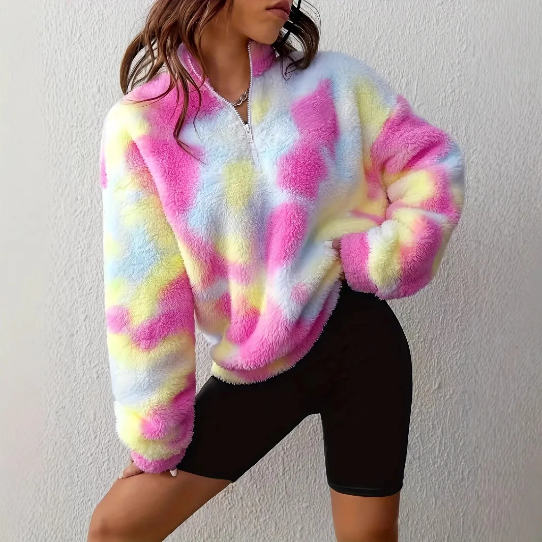 

Casual Tie-dye Plush Pullover For Women Autumn Winter Fashion Loose Warm Stand Collar Zipper Long Sleeve Multicolor Sweatshirt