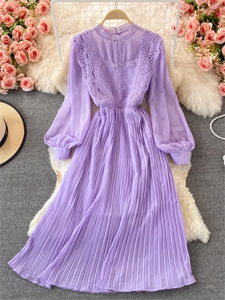 

Spring Women Elegant Vintage Pleated Midi Dress Ladies Lace Ruffle Chiffon Vestidos Party Robe 2022 New Clothes