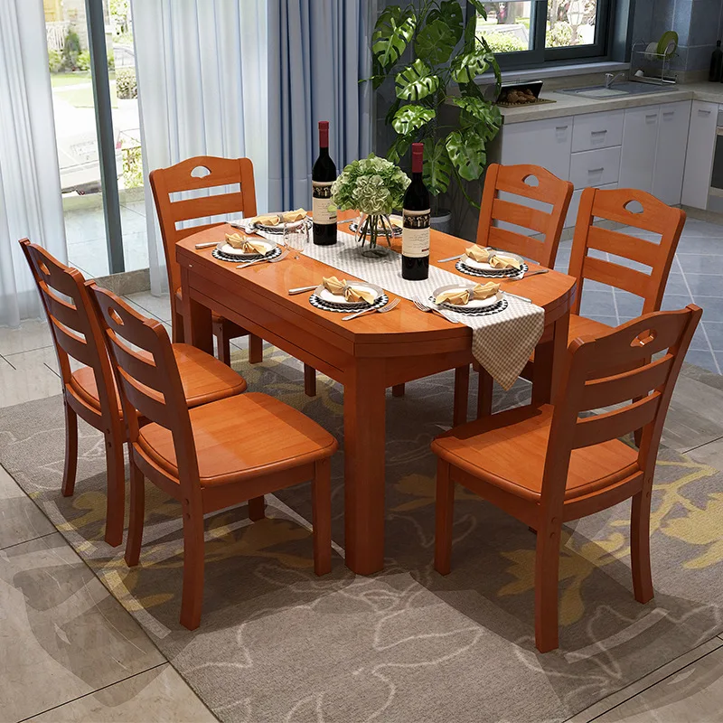 All solid wood dining table and chair combination telescopic folding round