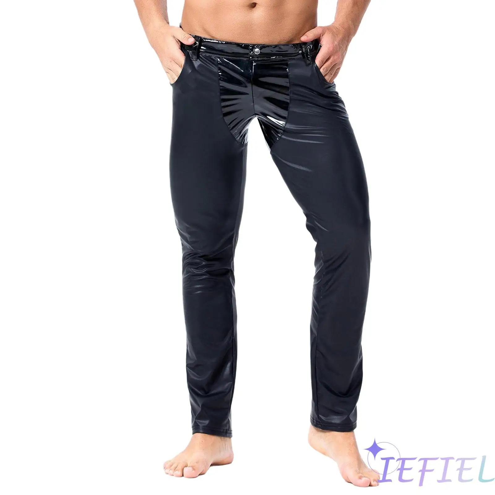 

Mens Glossy PU Leggings Pants Stylish Patchwork Design Skinny Long Pants with Pockets for Nightclub Rock Stage Party