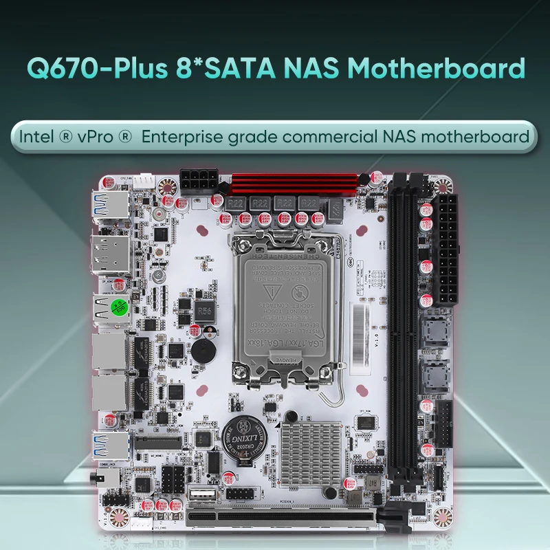 Q670 Intel vPro 8-Bay NAS Moederbord 12/13/14e Gen LGA1700 CPU 3x NVMe 8x SATA3.0 1x PCIEx16 2x DDR5 2x 2.5G LAN Moederbord