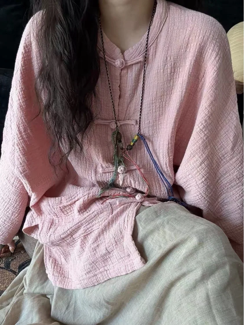 Chinese Style Tunic Shirt Pleated Pure Color Button up Cotton Linen Loose Fit Large Size Women's Minimalist Zen Style Top