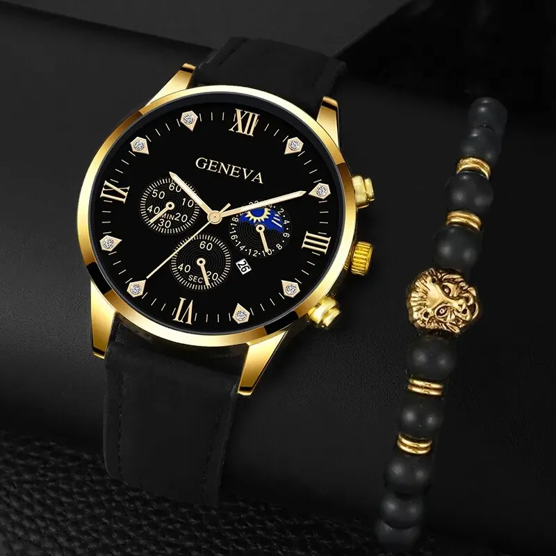 2pcs Luxury Mens Quartz Watches Bracelet Watch Set For Men Business Fashion Casual Round Pointer Calendar Watch