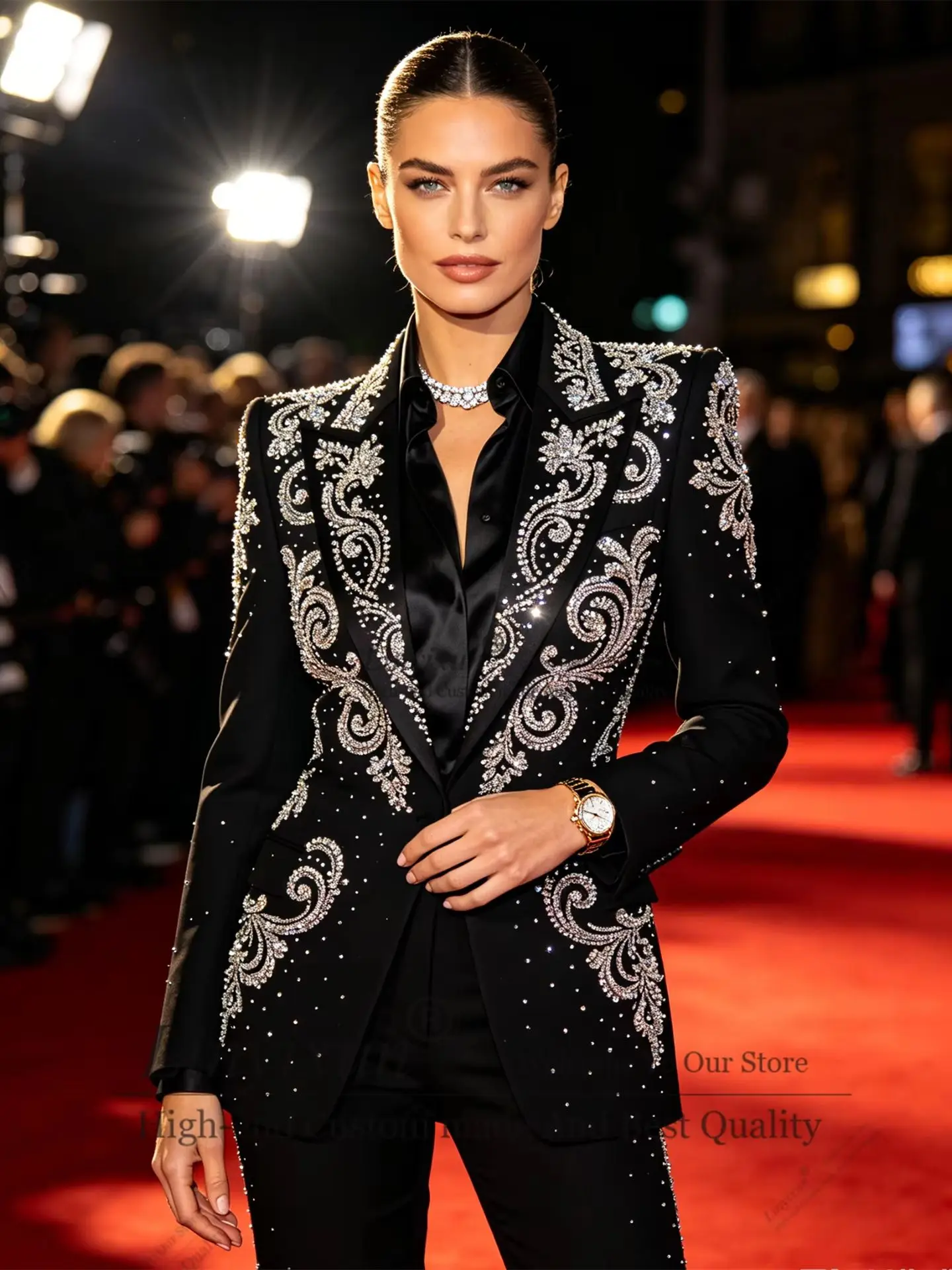 High-end Shiny Rhinestone Women Suits Sets 2 Piece Shiny Customized Peaked Lapel Outfits Shinyrunway lookCasual Chic Female Suit