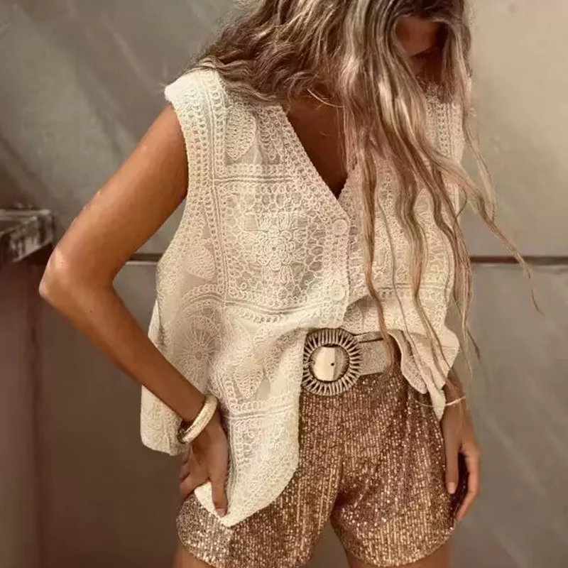 

Summer New Casual Vacation Loose Button Tops Chic Texture Hollow Out Solid Vest Vintage V Neck Crochet Sleeveless Knitted Tops