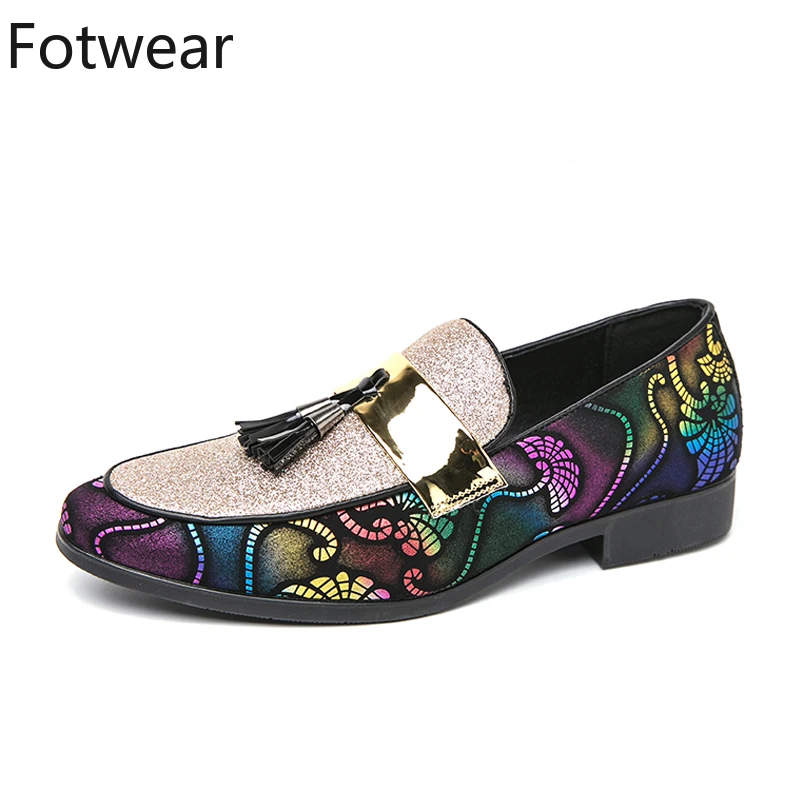 

Fashion Tassel Dress Shoes Men 38-47 Pointed Toe Formal Shoes Sequin Design Wedding Party Loafers Slip on Oxfords Floral Pattern