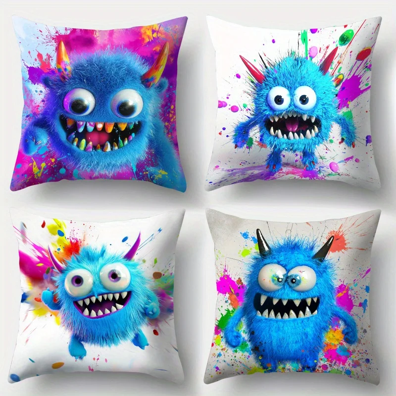 Cute Monster Style Pillow Covers Adorable Blue Creature with Watercolor Splatter Print Cushion Cases Cozy Home Decor for Bedroom