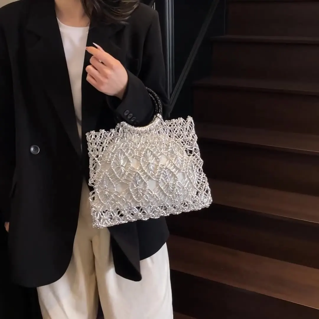 Bolsos de mano con asa redonda de diseño tejido hecho a mano para mujer, bolsos con asa superior de diseñador de lujo huecos de papel artesanal ecológico