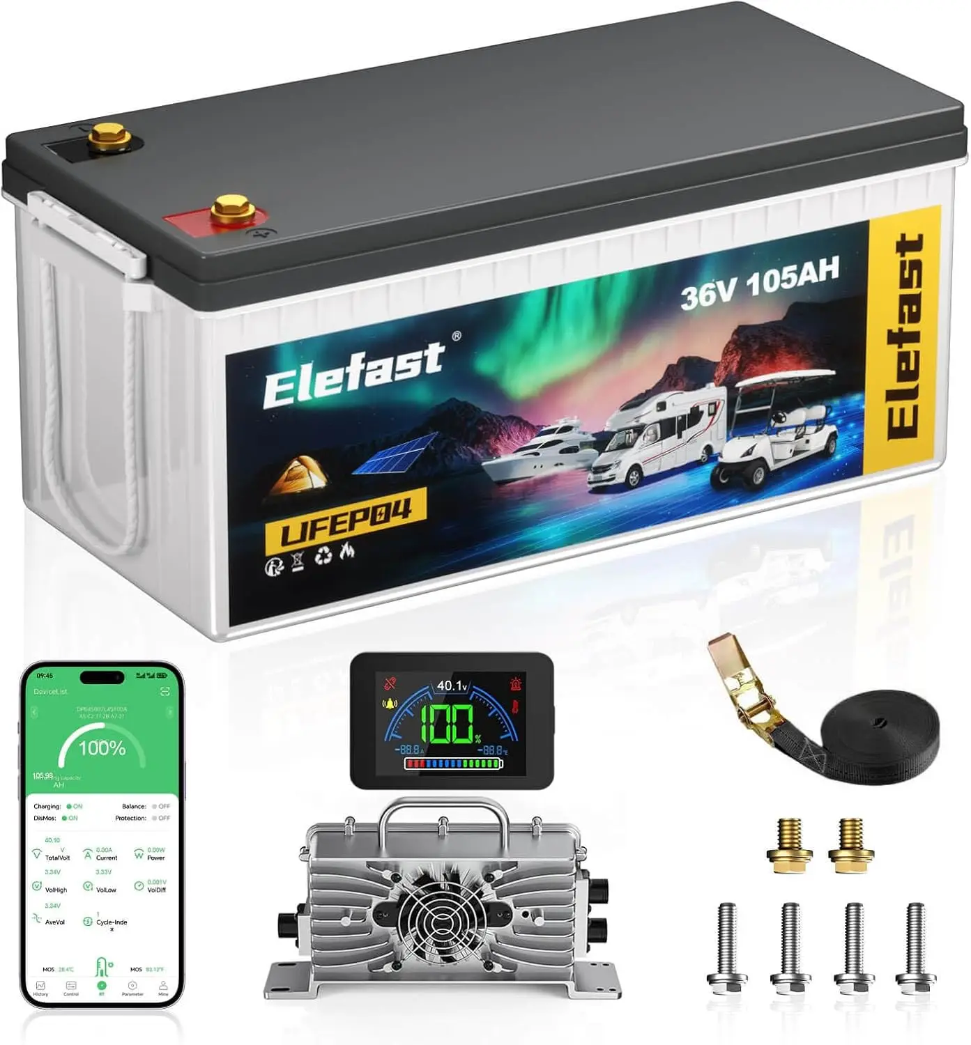 

36V 105AH Lifepo4 Lithium Golf Cart Battery w/ 43.8V 25A Charger and LCD Screen,Up to 8000 Cycle, for Golf Carts,Lawnmower