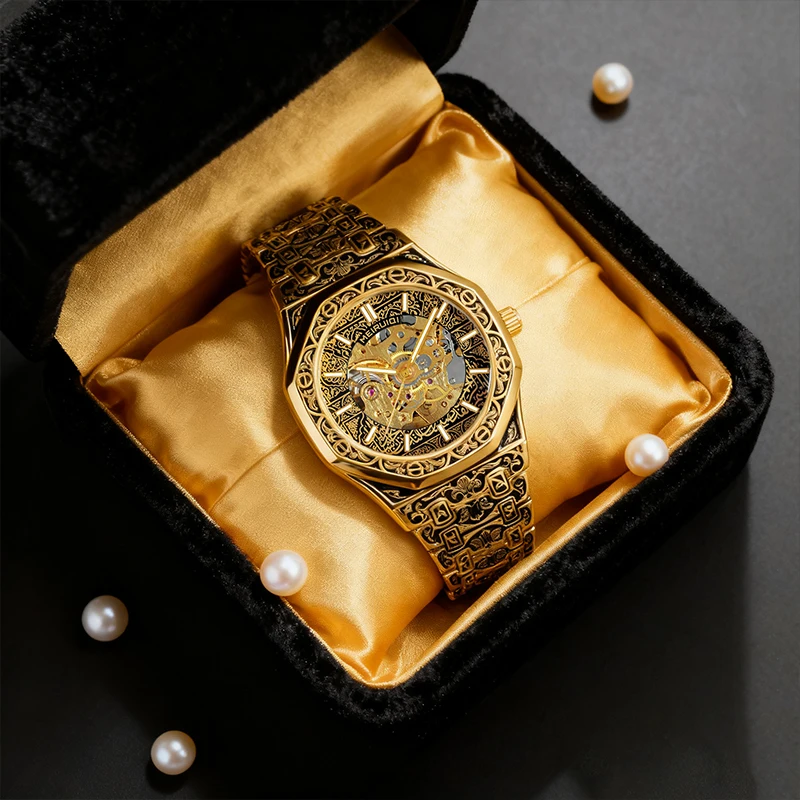 A men's yellow casual style high aesthetic fully automatic precision carved pattern stud mechanical watch